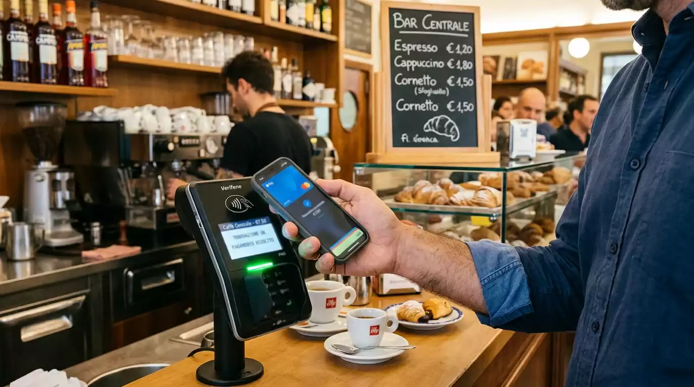 Pagamento contactless con smartphone in un negozio italiano come esempio della transizione digitale nei consumi